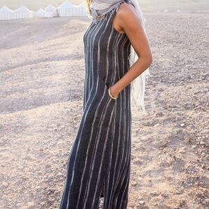 Garnet Hill Blue Striped Linen Tank Maxi Dress Size 14